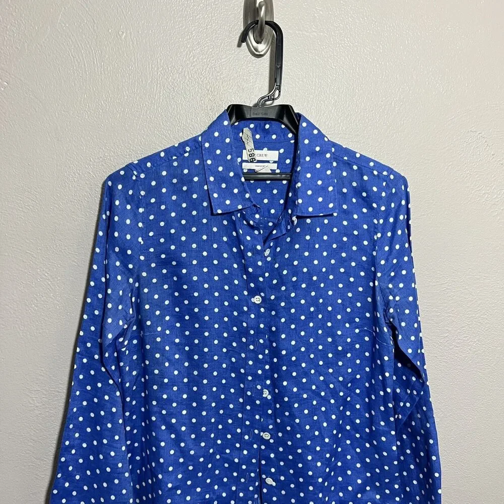 JCrew Womens Polka Dot Linen Top Slim Perfect Button Down Shirt Blue Sz 0